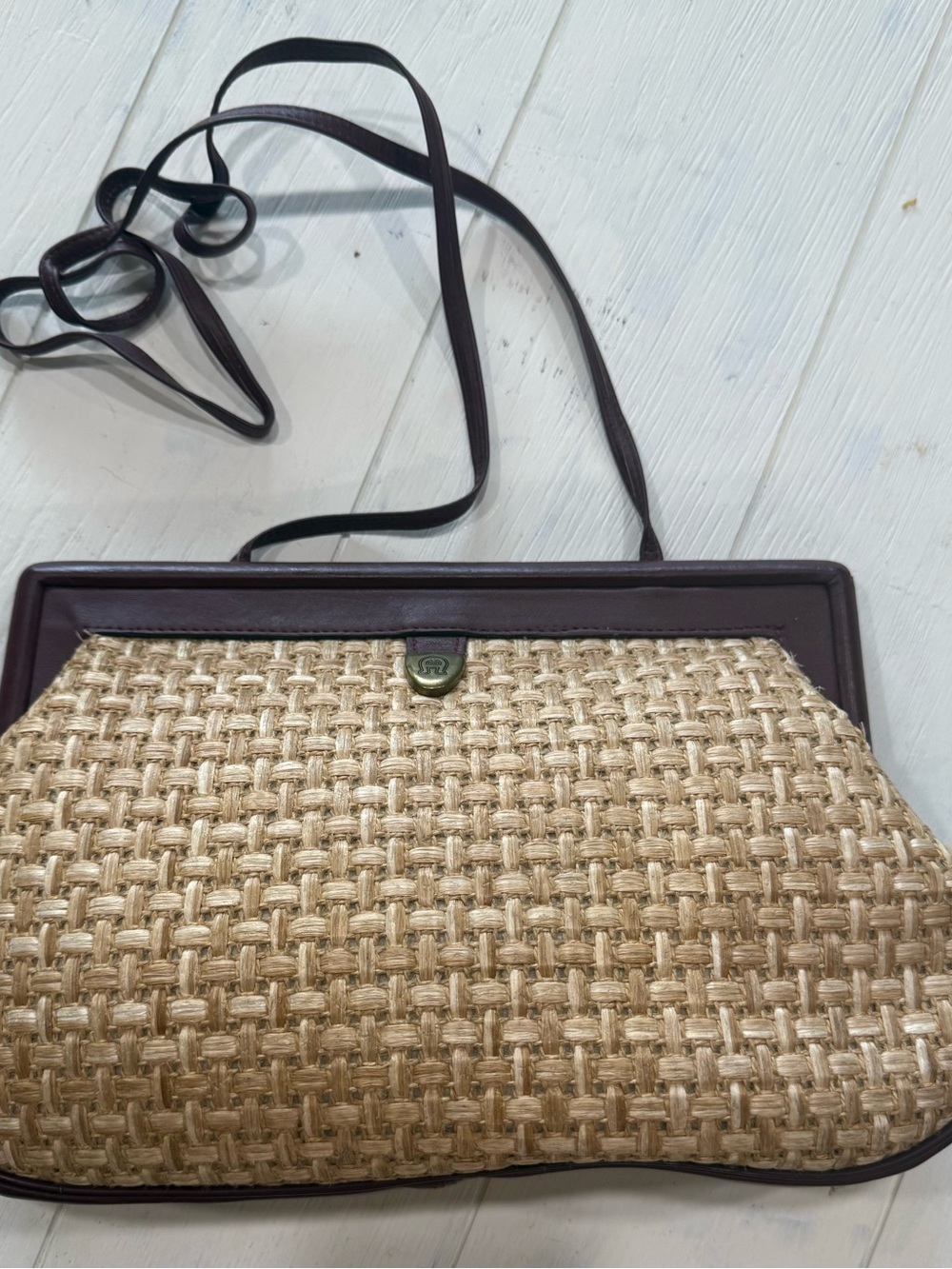Etienne Aigner Natural Raffia Tote with Dark Brown Trim - Picture 10 of 16